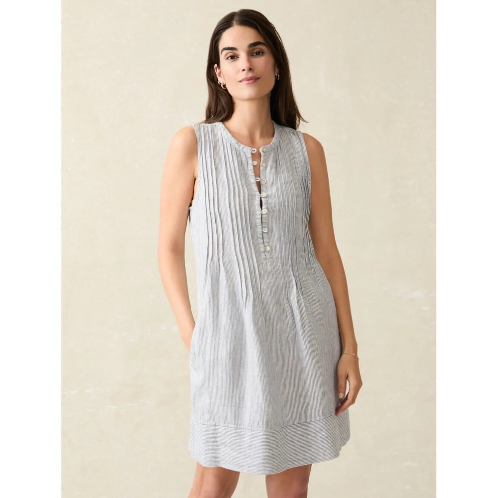 Faherty Isha Basketweave Linen Mini‎ Dress Womens S Blue Mini Stripe Buttons EUC